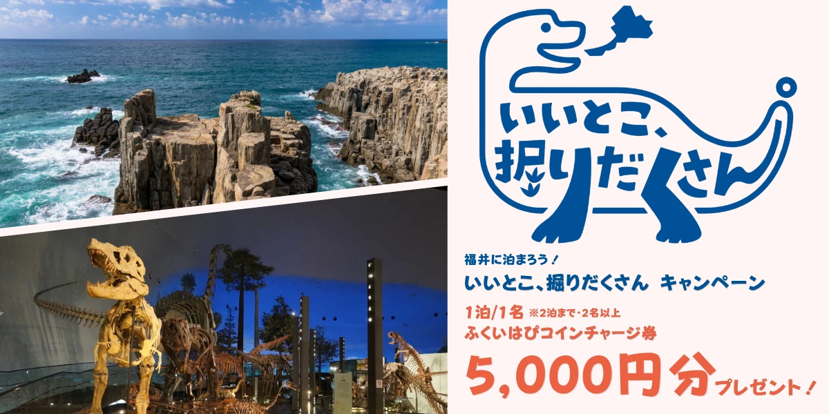 おひとり様5,000円分の「ふくいはぴコイン」チャージ券をGET！2026年は福井へいこう！いいとこ、掘りだくさんキャンペーン