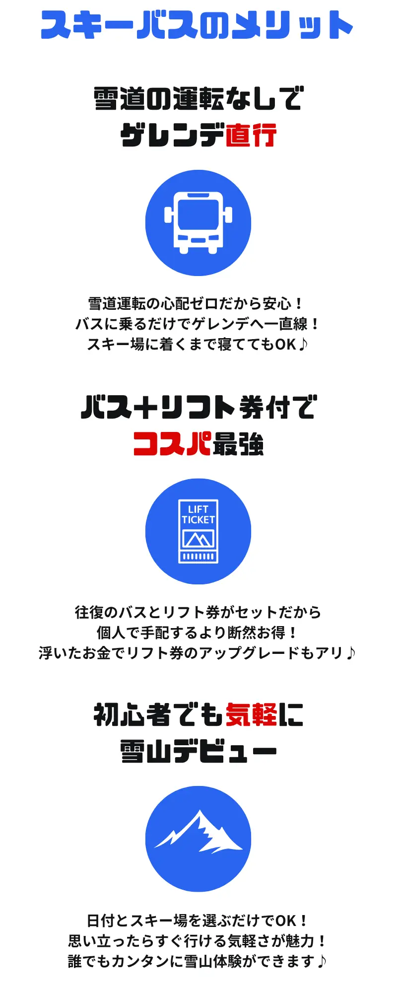 スキーバスのメリット ①雪道の運転なしでゲレンデ直行：雪道運転の心配ゼロだから安心！バスに乗るだけでゲレンデへ一直線！スキー場に着くまで寝ててもOK♪ ②バス+リフト券付でコスパ最強：往復のバスとリフト券がセットだから個人で手配するより断然お得！浮いたお金でリフト券のアップグレードもアリ♪ ③初心者でも気軽に雪山デビュー：日付とスキー場を選ぶだけでOK！思い立ったらすぐ行ける気軽さが魅力！誰でもカンタンに雪山体験ができます♪